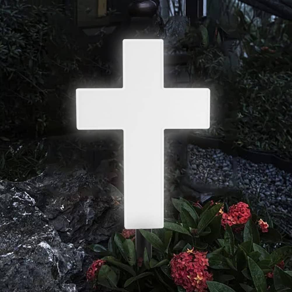 Solar Lighted Cross Grave Lighted Garden Cross Stake Decor LED Jesus Cross Light...